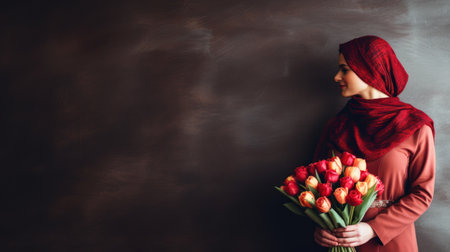 International Women's Day concept woman holding tulip flower with copy spaceの素材