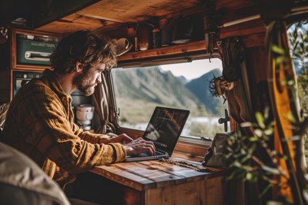 a man handsome using laptop in the camper car in the holidayの素材