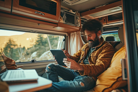 a man handsome using laptop in the camper car in the holidayの素材