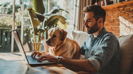 Mature handsome man stylish using a laptop in the living room with dogの素材
