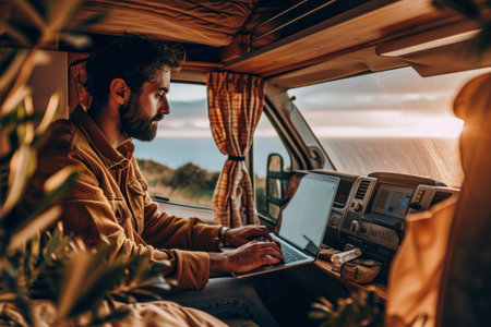 man handsome using laptop in the camper car in the holidayの素材