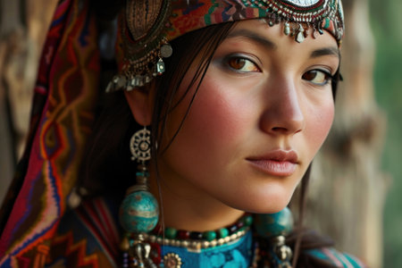 Beautiful young Kazakhstan woman in a traditional dressの素材