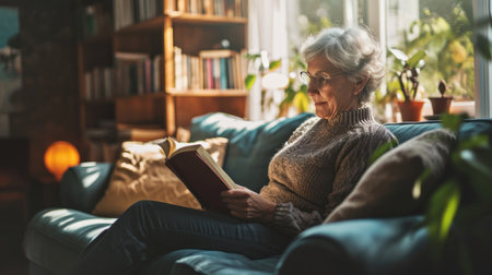 Senior woman reading book on the sofa in living roomの素材