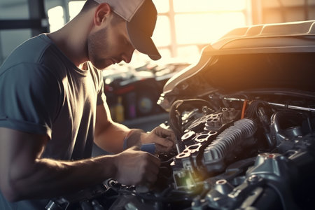 professional mechanic with gloves inspecting car engineの素材