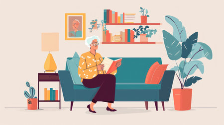 Senior woman reading book on the sofa in living roomの素材