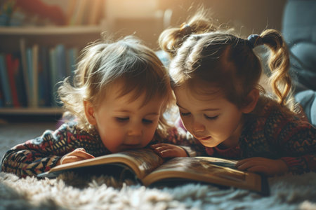 Two children lie on their tummies and read the same book togetherの素材