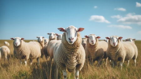 sheep standing on top of a grass covered fieldの素材