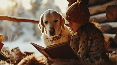 Child and dog reading book togetherの素材