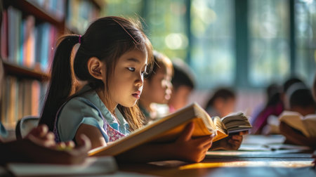 Student kids reading book in the class roomの素材
