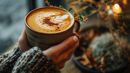A woman hand holding a cup of latte coffee before drinking itの素材
