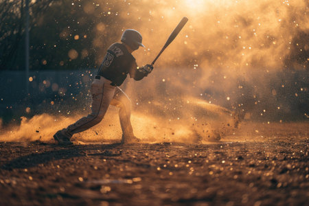 A baseball player hits a ball during a game on the field.の素材