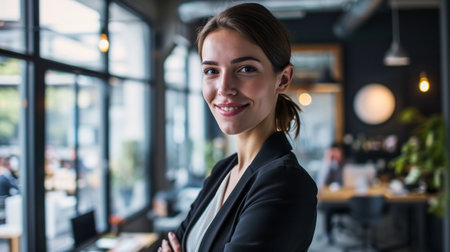 Portrait of a businesswoman standing smile in a modern officeの素材