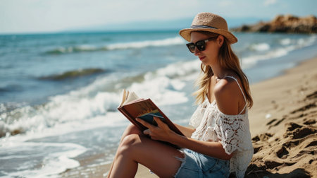 Real a young woman reads a book on the beachの素材