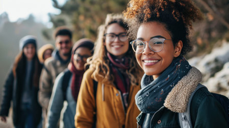 Smiling group of people walking together outdoorsの素材