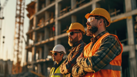 Close-up shot of employees working at a construction site.の素材