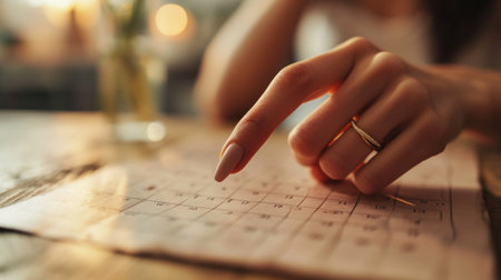 A woman's hand points with her finger to a date on a calendarの素材