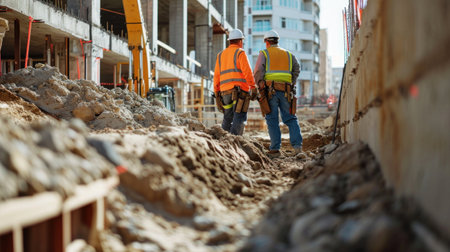 Employees working on the construction site wearing protective equipment and discussing the next construction phaseの素材