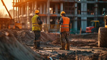 Employees working on the construction site wearing protective equipment and discussing the next construction phaseの素材