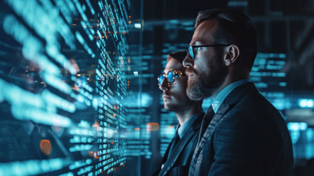 two handsome programmers working in the office edit code reflectionの素材