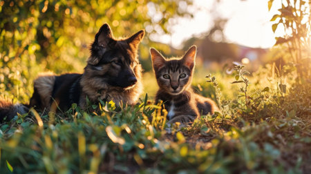 Cat and dog outside in the backyardの素材