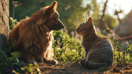 Cat and dog outside in the backyardの素材