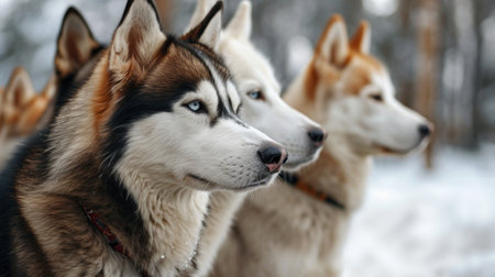 Close-up of a pack of Siberian Husky dogsの素材