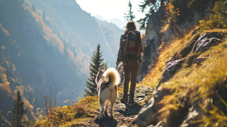 young trekking with Siberian husky dog on the mountainの素材