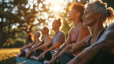 A group of adults attending a fitness class outdoors are doing leg stretchesの素材