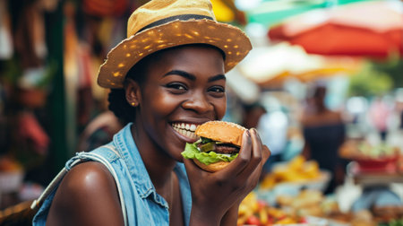 Black woman bites a burger sandwichの素材