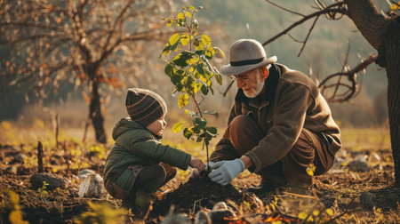 a grandfather and grandchild helping to plant a treeの素材