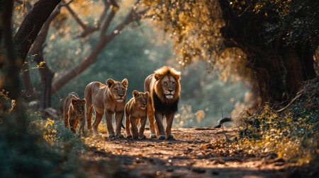 Family of lions in the morning forestの素材