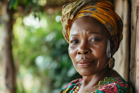Portrait of Mature African woman in the traditional dress at outsideの素材
