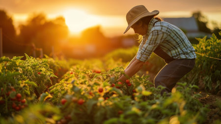 A young American farmer plants tomatoes with a house in the backgroundの素材