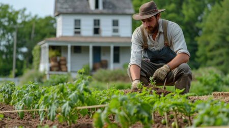 A young American farmer plants tomatoes with a house in the backgroundの素材