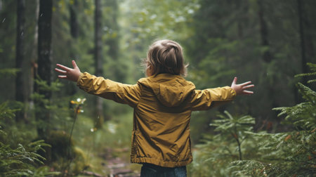 A child connecting nature forest and freedomの素材