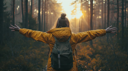 A woman connecting nature forest and freedomの素材
