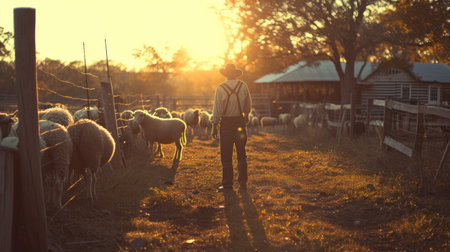 A young American farmer in the 1850s tends sheep in a pen during sunsetの素材