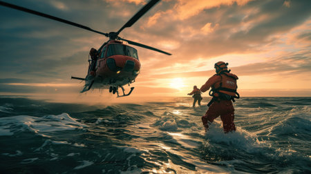 Maritime rescue teams are on duty using helicopters to rescue victimsの素材