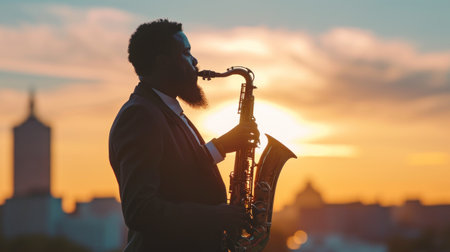 A bearded black American man plays a saxophone silhouette is a city during sunsetの素材