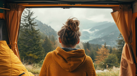 A woman looking at the view from her campervanの素材