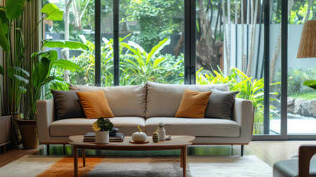 Sofa with coffee table by window in living roomの素材