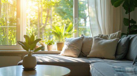 Sofa with coffee table by window in living roomの素材