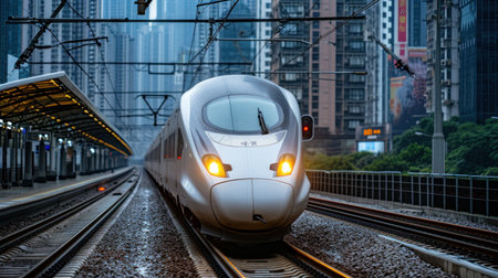 Modern high-speed electric trains are the future of travel through city modernの素材