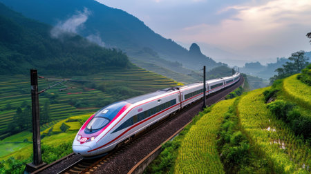 Modern high-speed electric trains are the future of travel through natureの素材