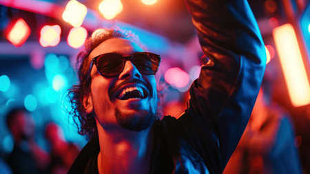 A man wearing sunglasses and dancing with his hands raised in the air.の素材