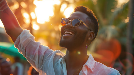 A man wearing sunglasses and dancing with his hands raised in the air.の素材