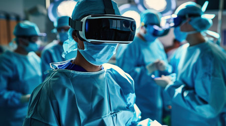 Professional surgeon in uniform and VR headset performs surgery on patient in modern clinic.の素材