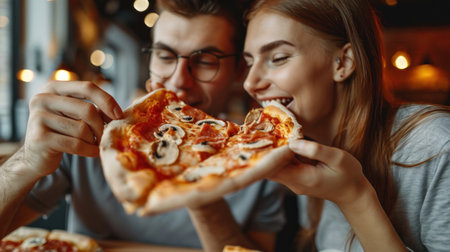 They are eating delicious pizza.の素材