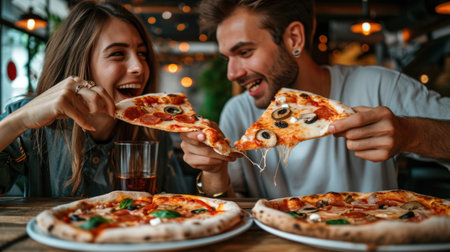 They are eating delicious pizza.の素材