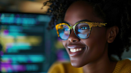 Afro woman programmer Dedicated to software developmentの素材